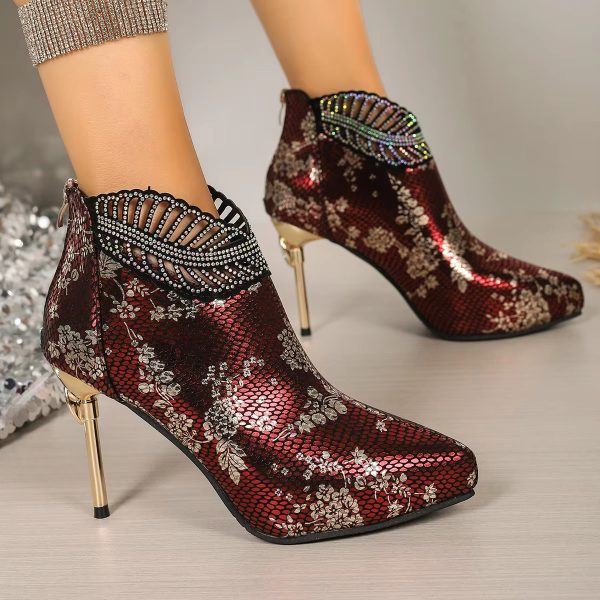 Casual Ethnic Pointed Toe Bling Ankle Modern Thin Heels Boots - Image 3