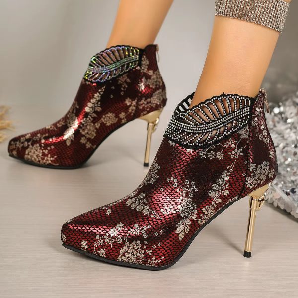 Casual Ethnic Pointed Toe Bling Ankle Modern Thin Heels Boots - Image 2