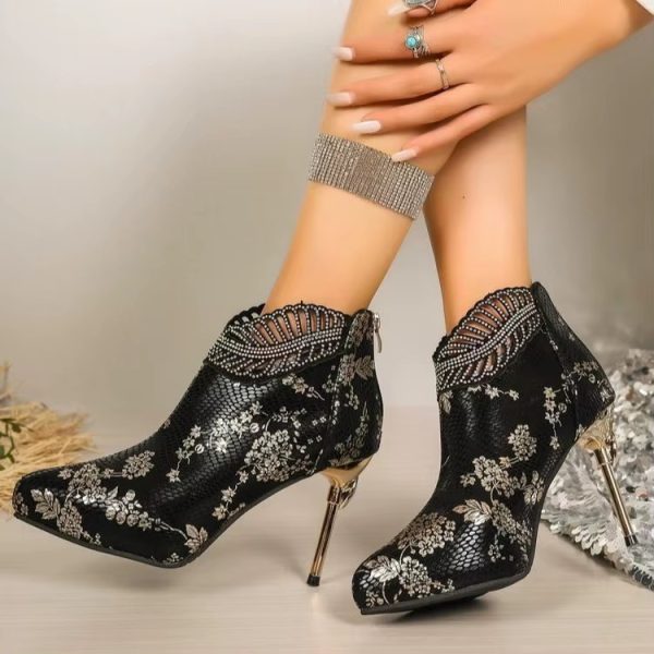 Casual Ethnic Pointed Toe Bling Ankle Modern Thin Heels Boots - Image 5