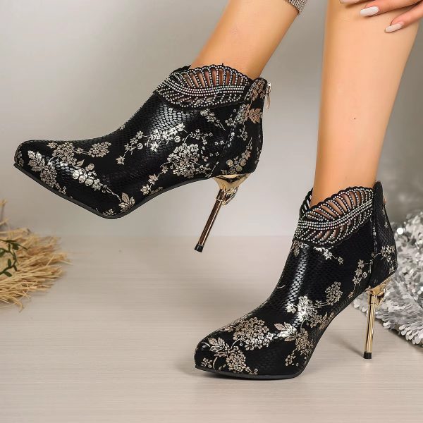 Casual Ethnic Pointed Toe Bling Ankle Modern Thin Heels Boots - Image 6