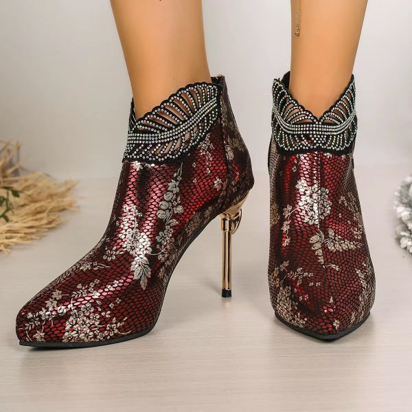 Casual Ethnic Pointed Toe Bling Ankle Modern Thin Heels Boots