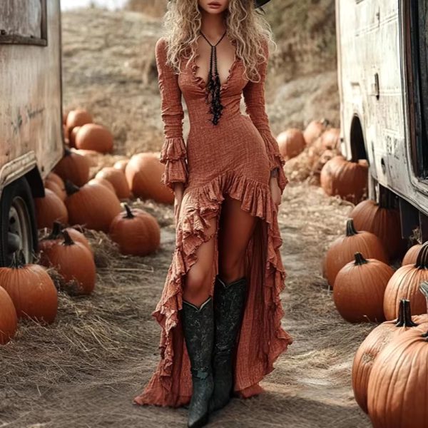 Ethnic Retro Butterfly Long Sleeve Solid Ruffle Irregular Maxi Dress