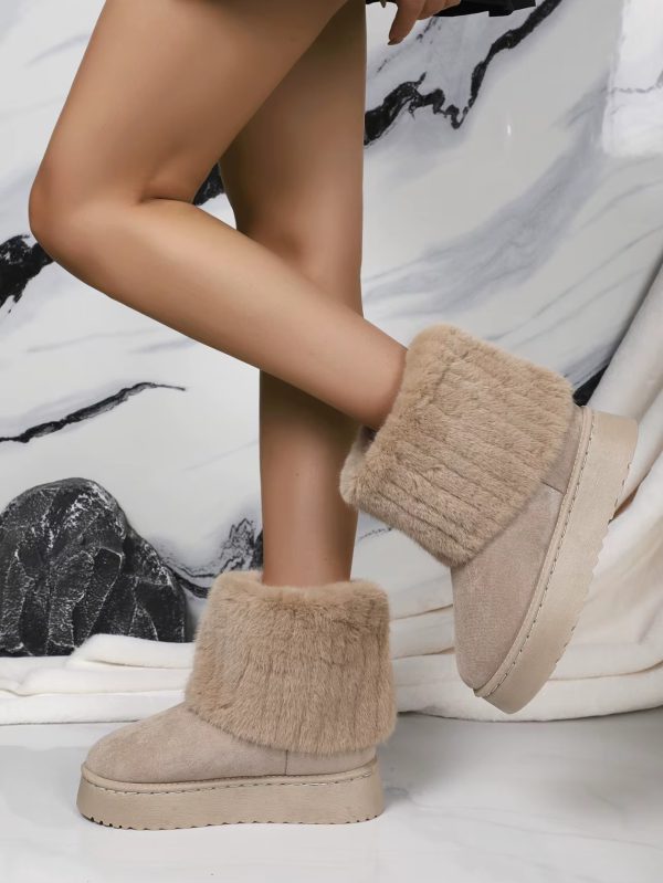 Faux Fur Soft Comfort Cuff Woven Plush Platform Ankle Chunky Snow Boots - Image 5