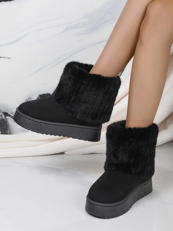 Faux Fur Soft Comfort Cuff Woven Plush Platform Ankle Chunky Snow Boots - Image 6