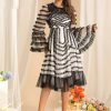 Flare Sleeved Edible Tree Fungus Edge Striped High Waist Midi Dress - Image 3