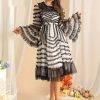 Flare Sleeved Edible Tree Fungus Edge Striped High Waist Midi Dress - Image 2