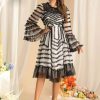 Flare Sleeved Edible Tree Fungus Edge Striped High Waist Midi Dress - Image 4