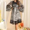 Flare Sleeved Edible Tree Fungus Edge Striped High Waist Midi Dress