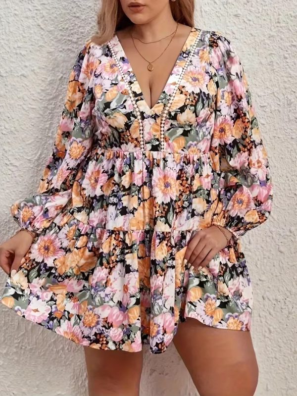 Floral Print Deep V-Neck Tie Backless Ruffle Plus Size Mini Dress - Image 2