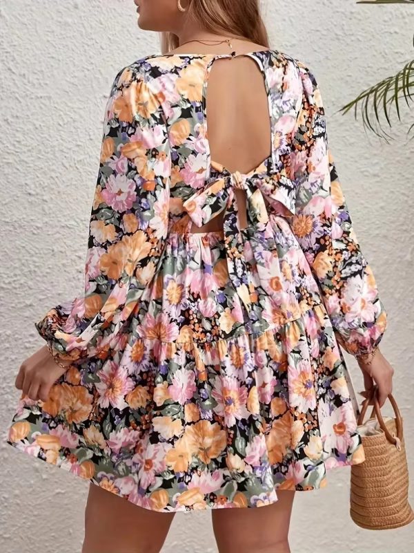 Floral Print Deep V-Neck Tie Backless Ruffle Plus Size Mini Dress - Image 5