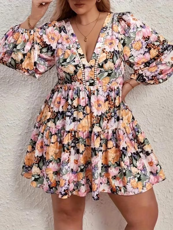 Floral Print Deep V-Neck Tie Backless Ruffle Plus Size Mini Dress - Image 3