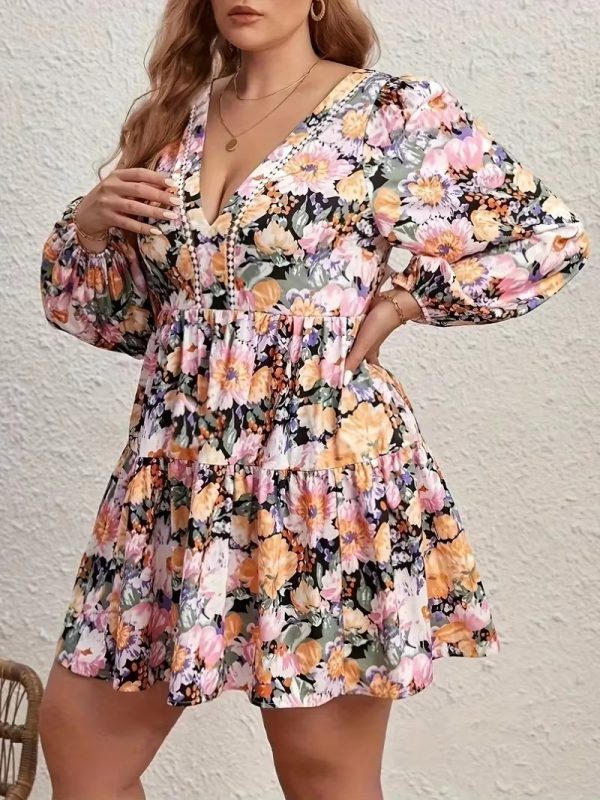 Floral Print Deep V-Neck Tie Backless Ruffle Plus Size Mini Dress - Image 4