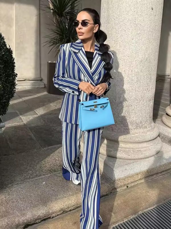 Formal Double-Breasted Stripe Blazer And Pants Two Piece Set