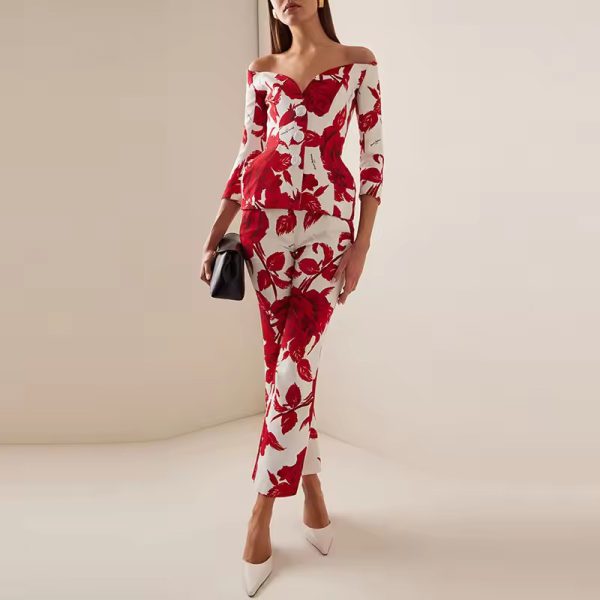 Formal Flower Blazer And Ankle-Length Pants 2 Piece Set