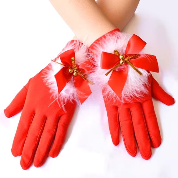 Santa Christmas Mittens Plush Bowknot Full Finger Mitten Short Gloves - Image 3