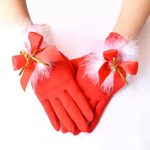 Santa Christmas Mittens Plush Bowknot Full Finger Mitten Short Gloves - Image 2