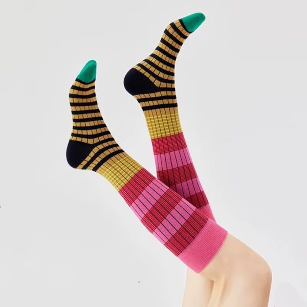 Gradient Striped Colorful Retro Calf Cotton High Tube Soft Sport Casual Sox - Image 2