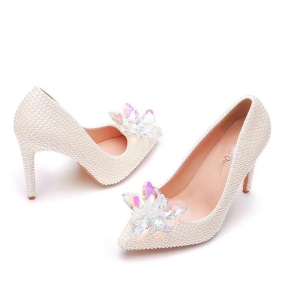 Luxury white rhinestone pearl Pattern shallow Mouth Pointed High Heels Bridal shoes - Image 2