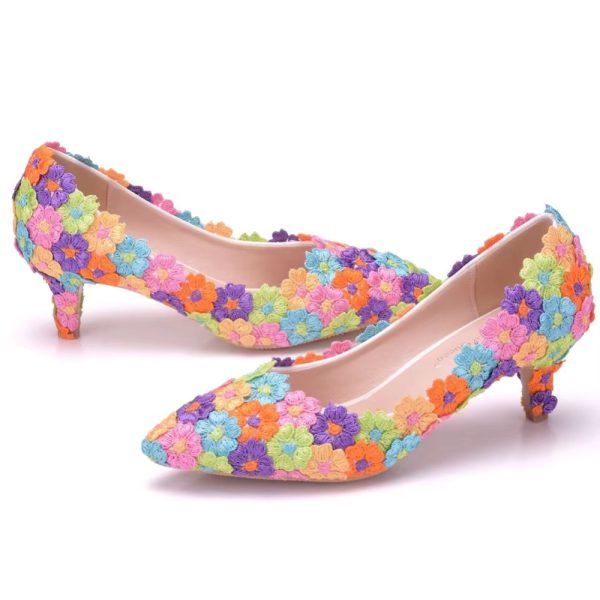 Floral Pattern Stilettos High Heels Pumps Bridal Shoes Sandals - Image 2