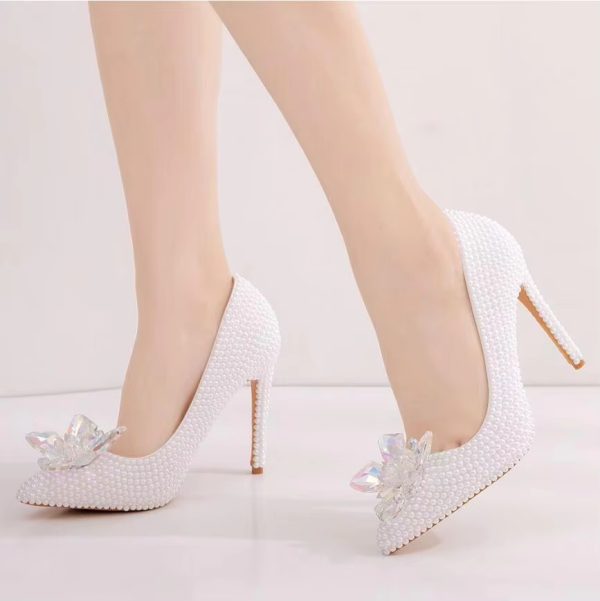 Luxury white rhinestone pearl Pattern shallow Mouth Pointed High Heels Bridal shoes - Image 3