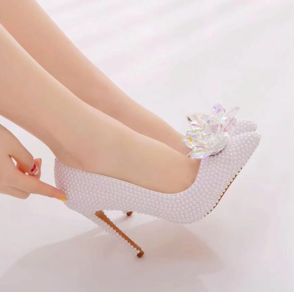 Luxury white rhinestone pearl Pattern shallow Mouth Pointed High Heels Bridal shoes - Image 5