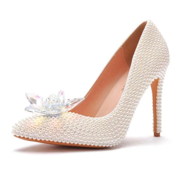 Luxury white rhinestone pearl Pattern shallow Mouth Pointed High Heels Bridal shoes - Image 8