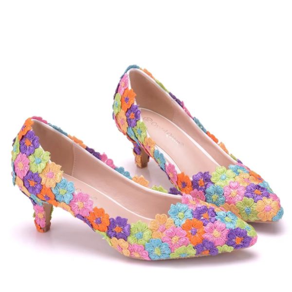 Floral Pattern Stilettos High Heels Pumps Bridal Shoes Sandals - Image 5