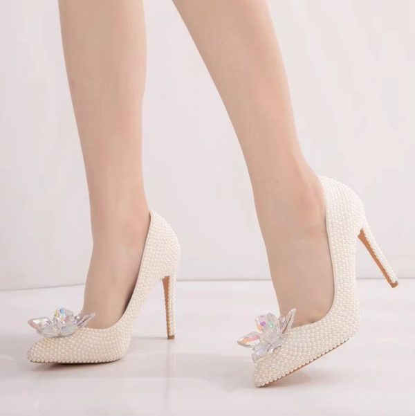 Luxury white rhinestone pearl Pattern shallow Mouth Pointed High Heels Bridal shoes - Image 6