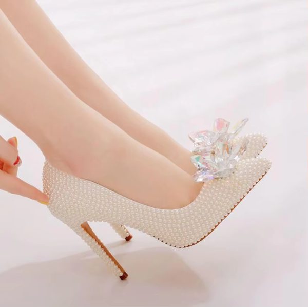 Luxury white rhinestone pearl Pattern shallow Mouth Pointed High Heels Bridal shoes - Image 4