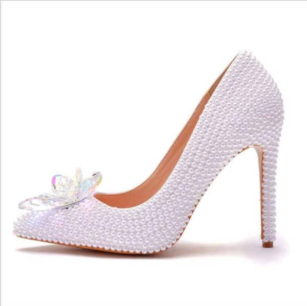 Luxury white rhinestone pearl Pattern shallow Mouth Pointed High Heels Bridal shoes - Image 9