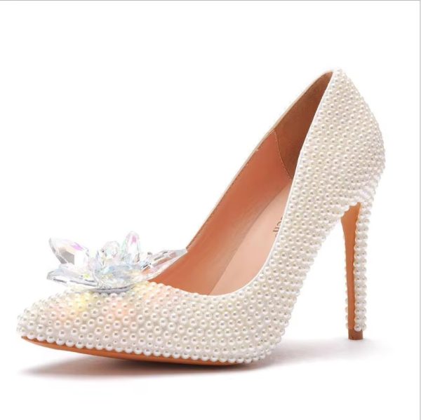 Luxury white rhinestone pearl Pattern shallow Mouth Pointed High Heels Bridal shoes - Image 11