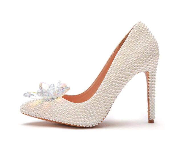 Luxury white rhinestone pearl Pattern shallow Mouth Pointed High Heels Bridal shoes - Image 12