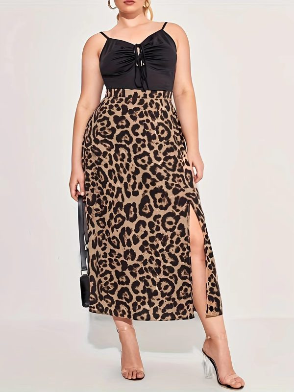 High Waist Leopard Print Pleated Print Plus Size Skirts