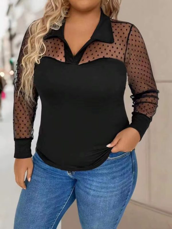 Hollowed Out Mesh Patchwork Long Sleeved Plus Size Shirt - Image 2