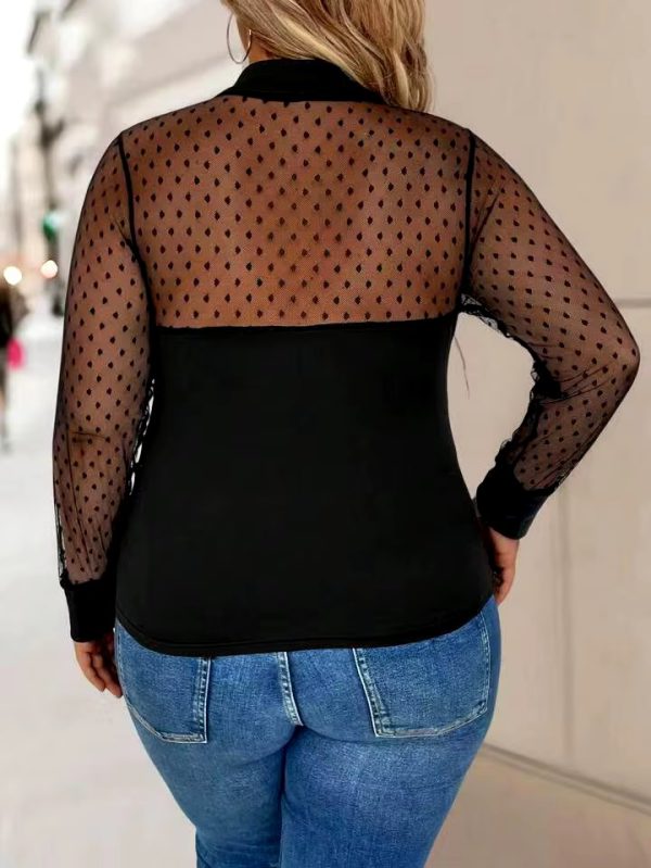 Hollowed Out Mesh Patchwork Long Sleeved Plus Size Shirt - Image 3