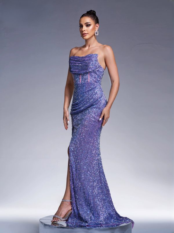 Strapless Lace Sequin Split Wedding Graduation Floor Length Formal Occasion Dress - Image 2