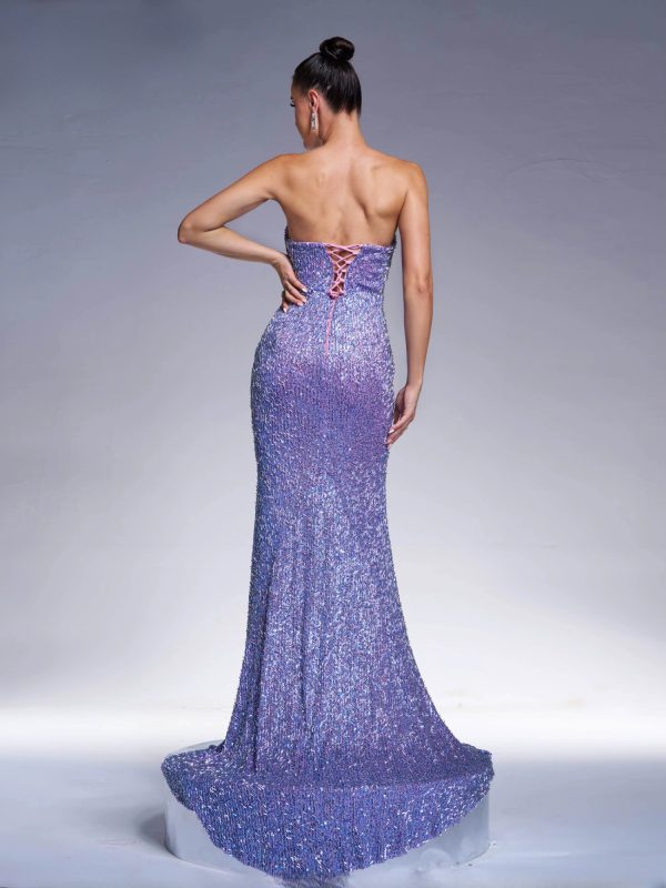 Strapless Lace Sequin Split Wedding Graduation Floor Length Formal Occasion Dress - Image 4