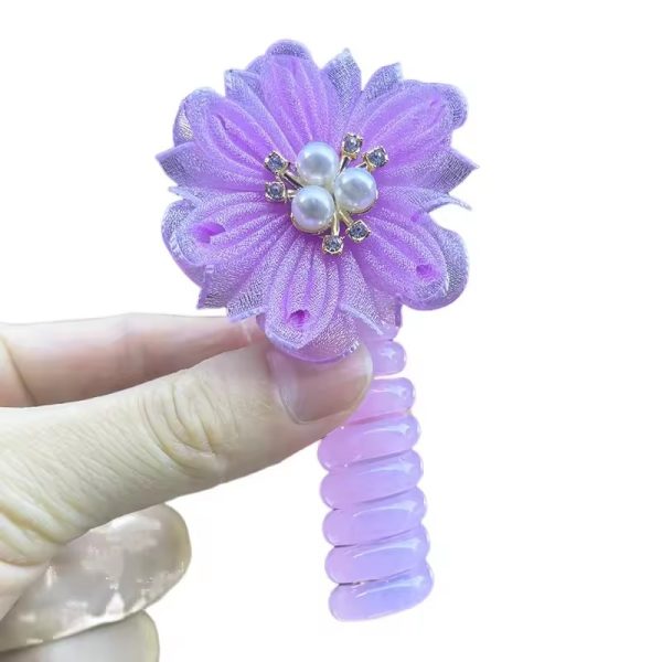 1PC Lovely Sparkling Flowers Elastic Spiral Head Rope Ponytail Hair Ring For Kids - Image 4