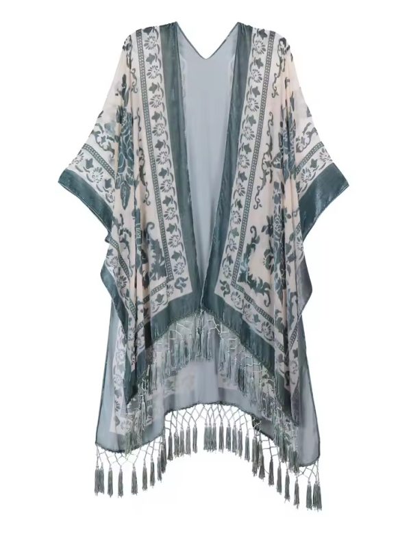 Luxury Burnout Velvet With Tassel Beach Cover-up Kimono - Image 15