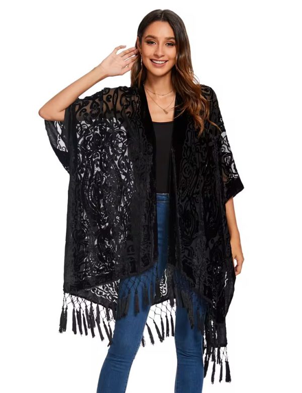 Luxury Burnout Velvet With Tassel Beach Cover-up Kimono - Image 6