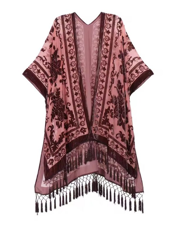 Luxury Burnout Velvet With Tassel Beach Cover-up Kimono - Image 11