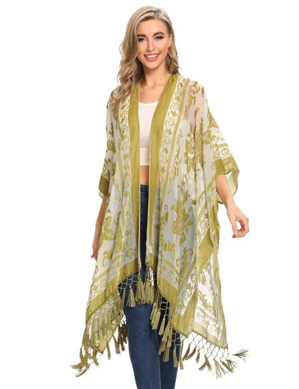 Luxury Burnout Velvet With Tassel Beach Cover-up Kimono - Image 7