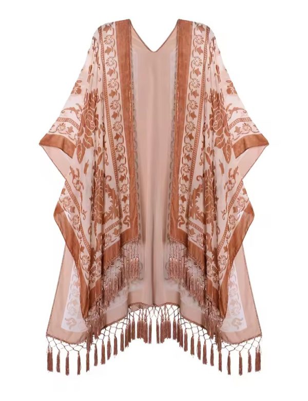 Luxury Burnout Velvet With Tassel Beach Cover-up Kimono - Image 12