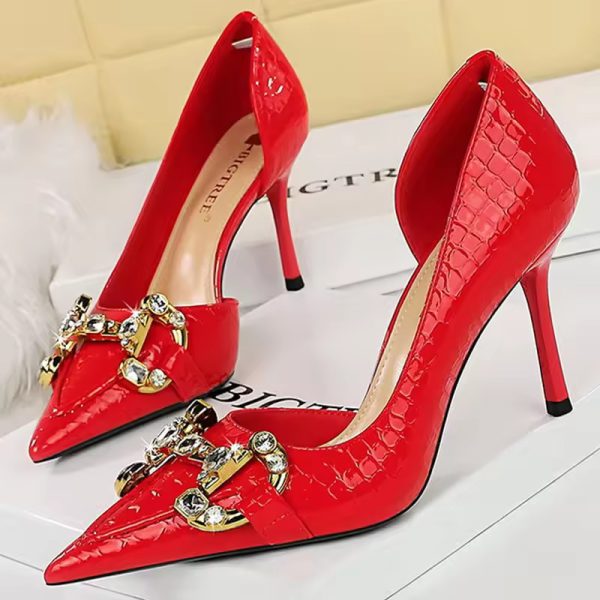 Luxury Designer Metal Chain Buckle High Heels Stiletto Prom Shoes - Image 3