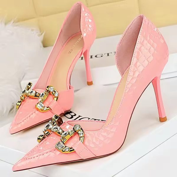 Luxury Designer Metal Chain Buckle High Heels Stiletto Prom Shoes