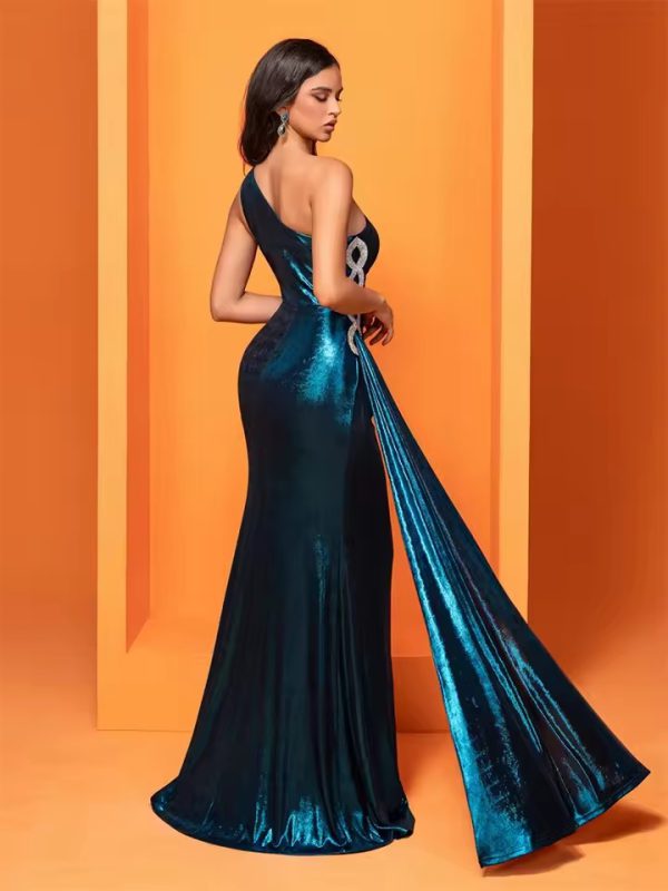 Luxury Elegant One-Shoulder Party Ribbon Slit Maxi Dress - Image 7