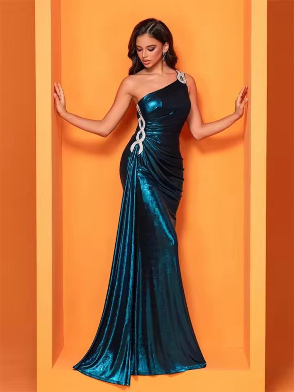 Luxury Elegant One-Shoulder Party Ribbon Slit Maxi Dress - Image 3