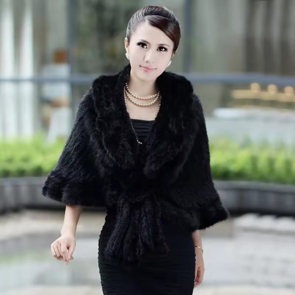 Luxury Knitting Flower Design Real Fur Mink Shawl Poncho