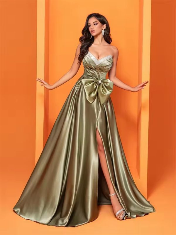 Luxury Strapless Slit Satin Floor-Length Evening Party Maxi Dress - Image 5