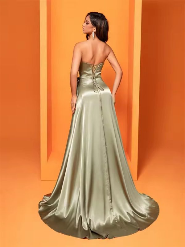 Luxury Strapless Slit Satin Floor-Length Evening Party Maxi Dress - Image 6